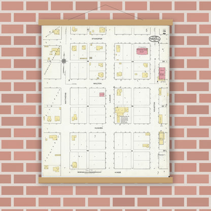Old map wall art mockup — magnetic wood frame on brick wall — Sanborn Fire Insurance Map from Haskell, Haskell County, Texas (1921), Sheet #0002
