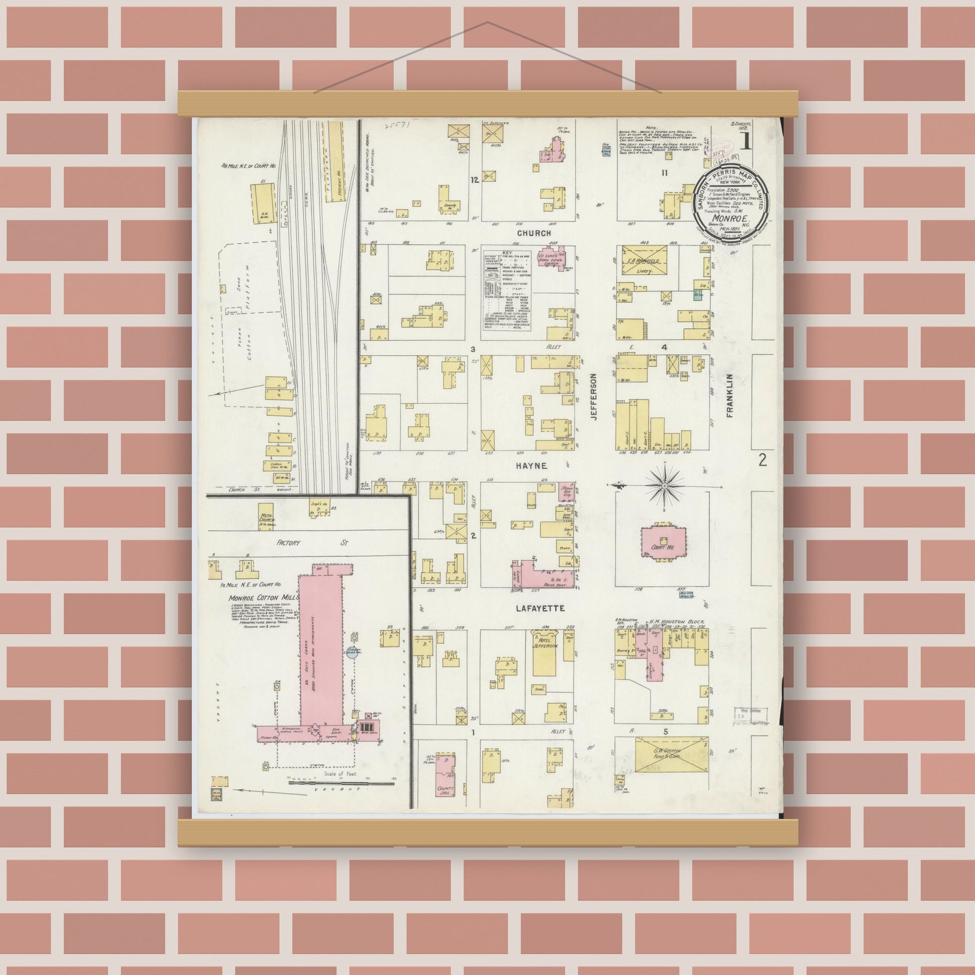 Old map wall art mockup — magnetic wood frame on brick wall — Sanborn Fire Insurance Map from Monroe, Union County, North Carolina (1897) - Complete Map Set