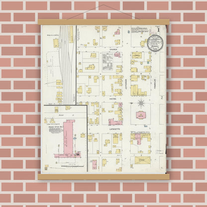 Old map wall art mockup — magnetic wood frame on brick wall — Sanborn Fire Insurance Map from Monroe, Union County, North Carolina (1897) - Complete Map Set