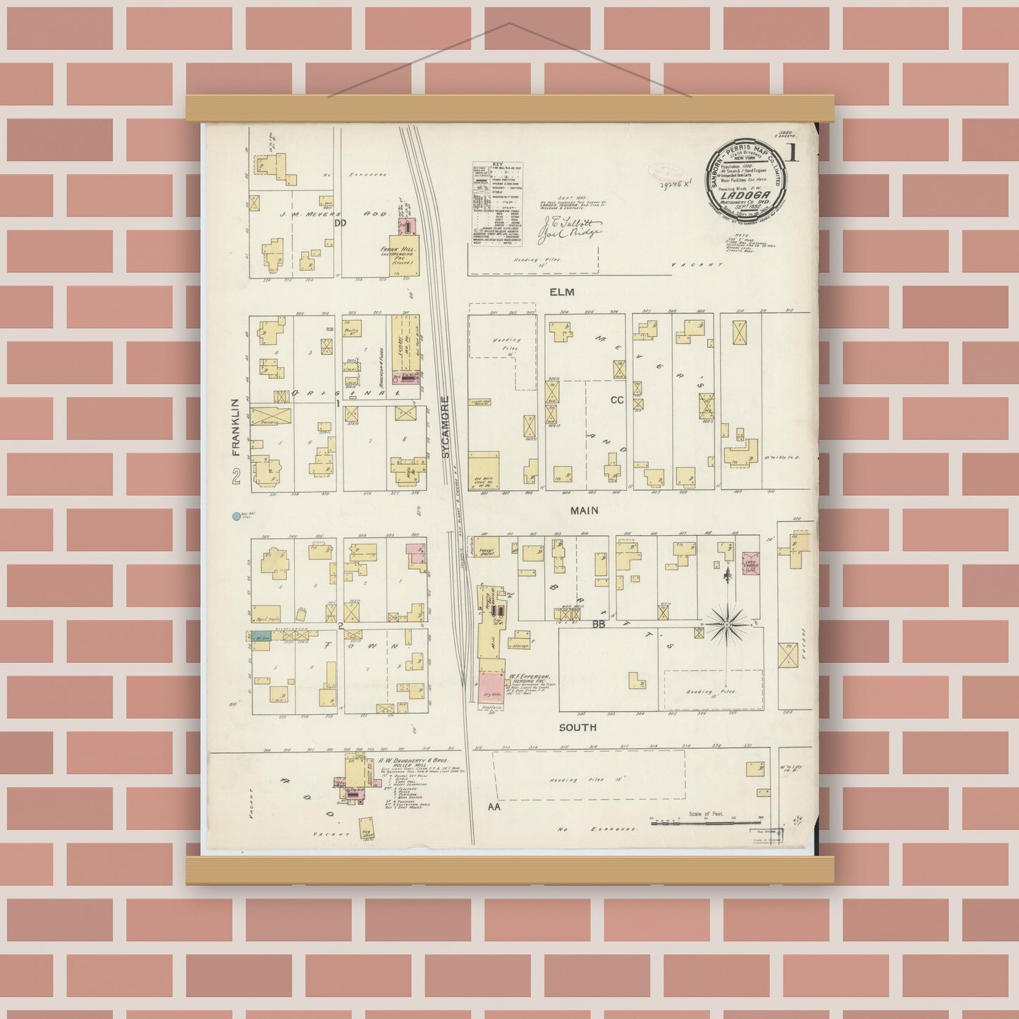 Old map wall art mockup — magnetic wood frame on brick wall — Sanborn Fire Insurance Map from Ladoga, Montgomery County, Indiana (1892) - Complete Map Set