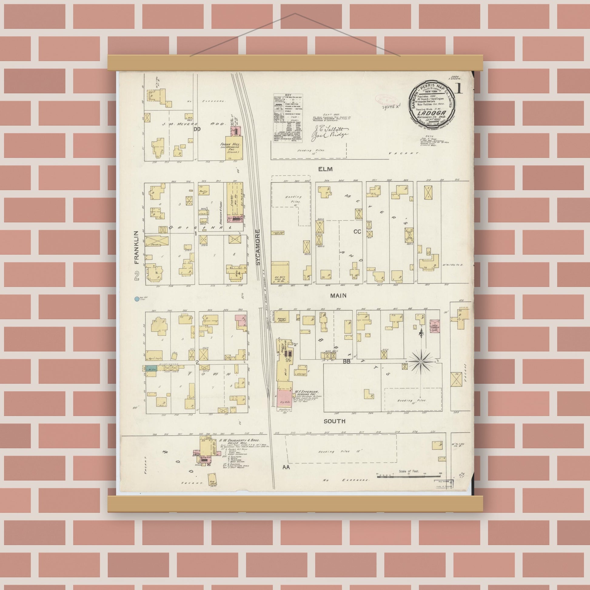 Old map wall art mockup — magnetic wood frame on brick wall — Sanborn Fire Insurance Map from Ladoga, Montgomery County, Indiana (1892) - Complete Map Set