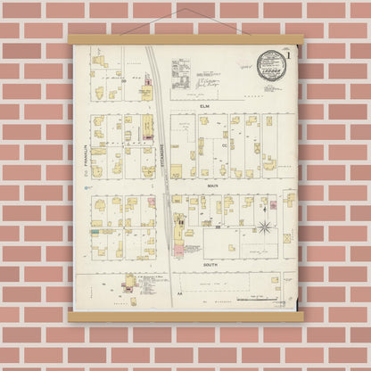 Old map wall art mockup — magnetic wood frame on brick wall — Sanborn Fire Insurance Map from Ladoga, Montgomery County, Indiana (1892) - Complete Map Set