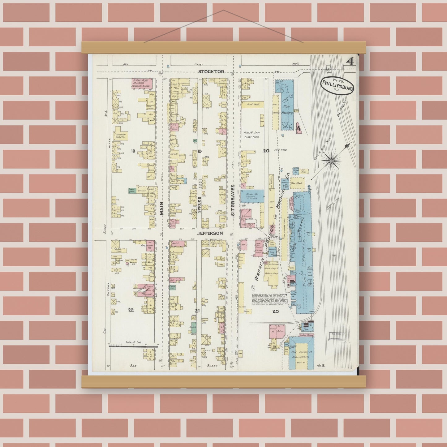 Old map wall art mockup — magnetic wood frame on brick wall — Sanborn Fire Insurance Map from Phillipsburg, Warren County, New Jersey (1890), Sheet #0004
