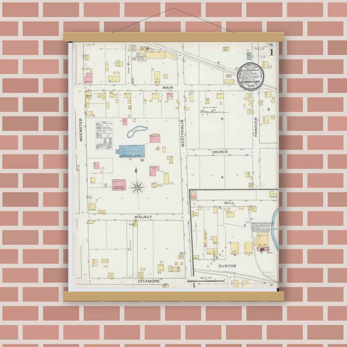 Old map wall art mockup — magnetic wood frame on brick wall — Sanborn Fire Insurance Map from Germantown, Clinton County, Illinois (1894) - Complete Map Set