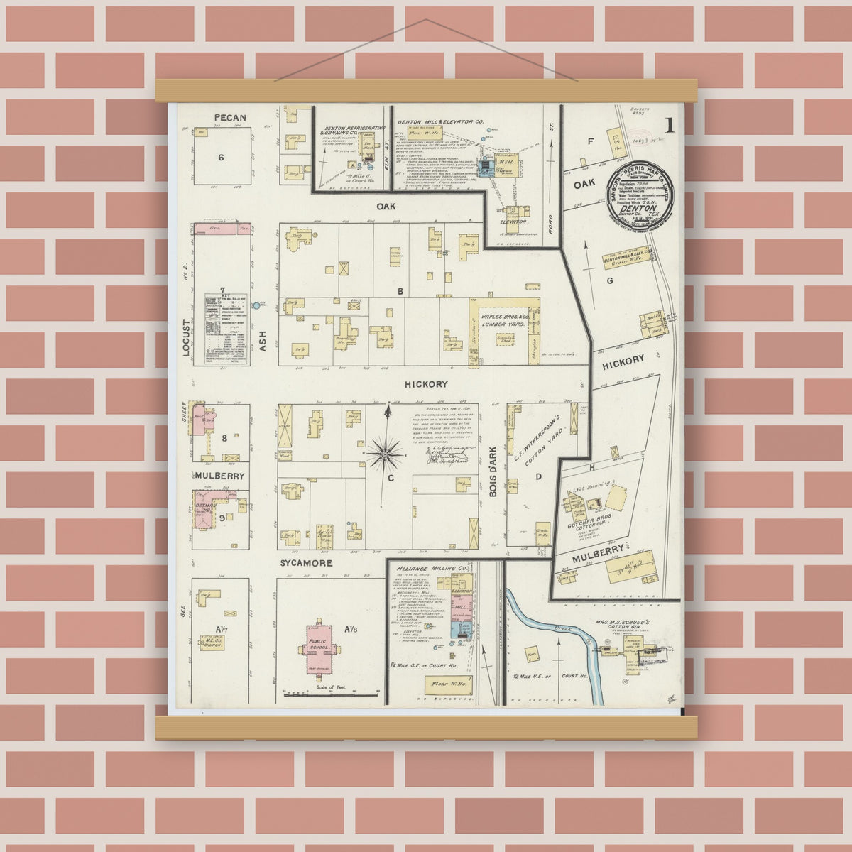 Old map wall art mockup — magnetic wood frame on brick wall — Sanborn Fire Insurance Map from Denton, Denton County, Texas (1891), Sheet #0001
