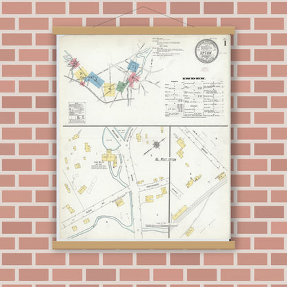 Old map wall art mockup — magnetic wood frame on brick wall — Sanborn Fire Insurance Map from Upton, Worcester County, Massachusetts (1910) - Complete Map Set