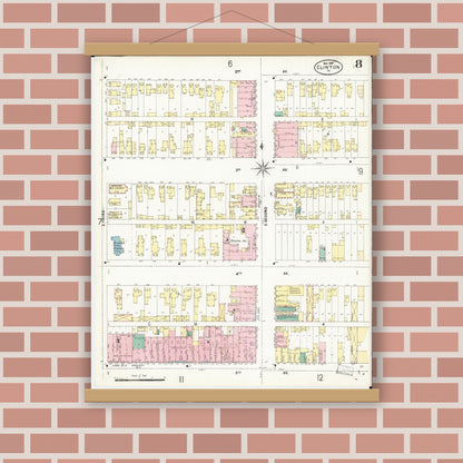 Old map wall art mockup — magnetic wood frame on brick wall — Sanborn Fire Insurance Map from Clinton, Clinton County, Iowa (1897), Sheet #0008