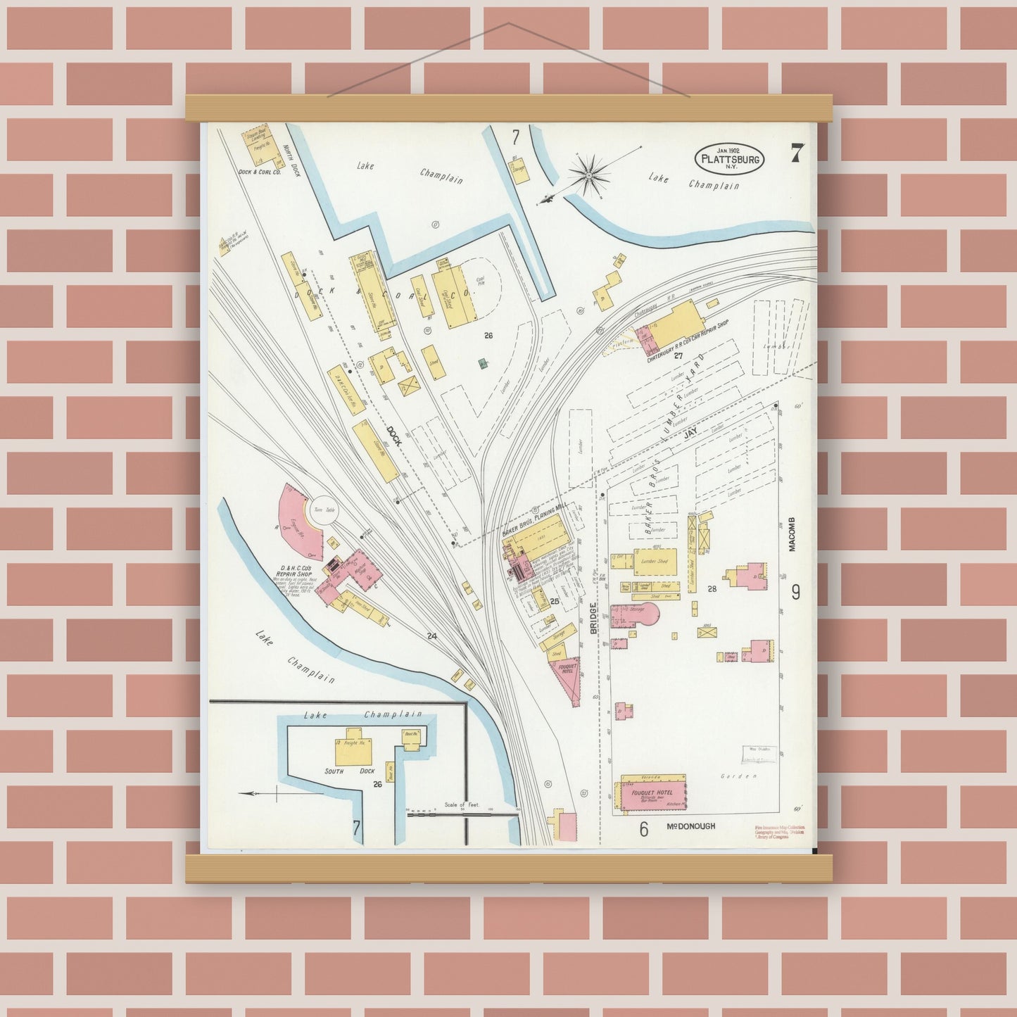 Old map wall art mockup — magnetic wood frame on brick wall — Sanborn Fire Insurance Map from Plattsburg, Clinton County, New York (1902), Sheet #0007