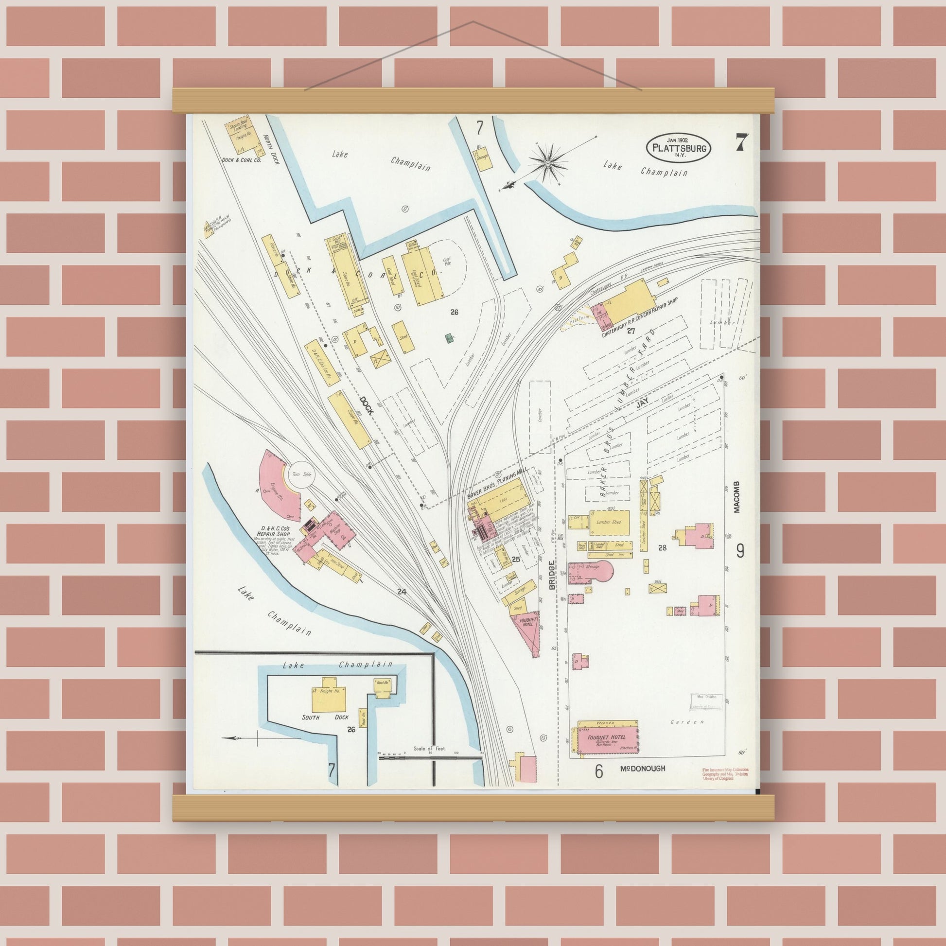 Old map wall art mockup — magnetic wood frame on brick wall — Sanborn Fire Insurance Map from Plattsburg, Clinton County, New York (1902), Sheet #0007