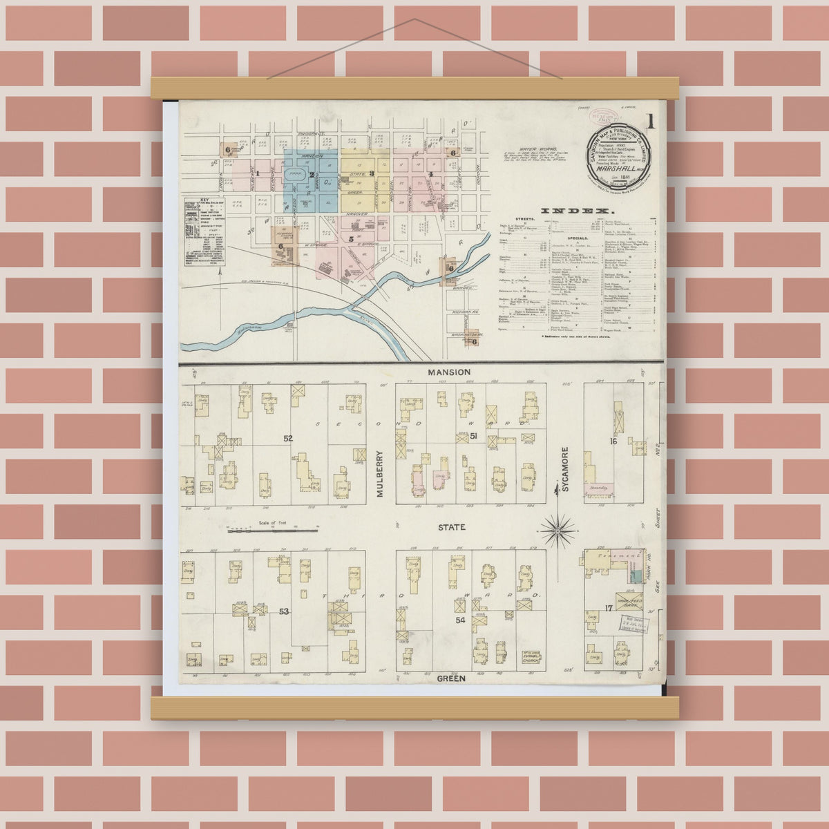Old map wall art mockup — magnetic wood frame on brick wall — Sanborn Fire Insurance Map from Marshall, Calhoun County, Michigan (1888), Sheet #0001