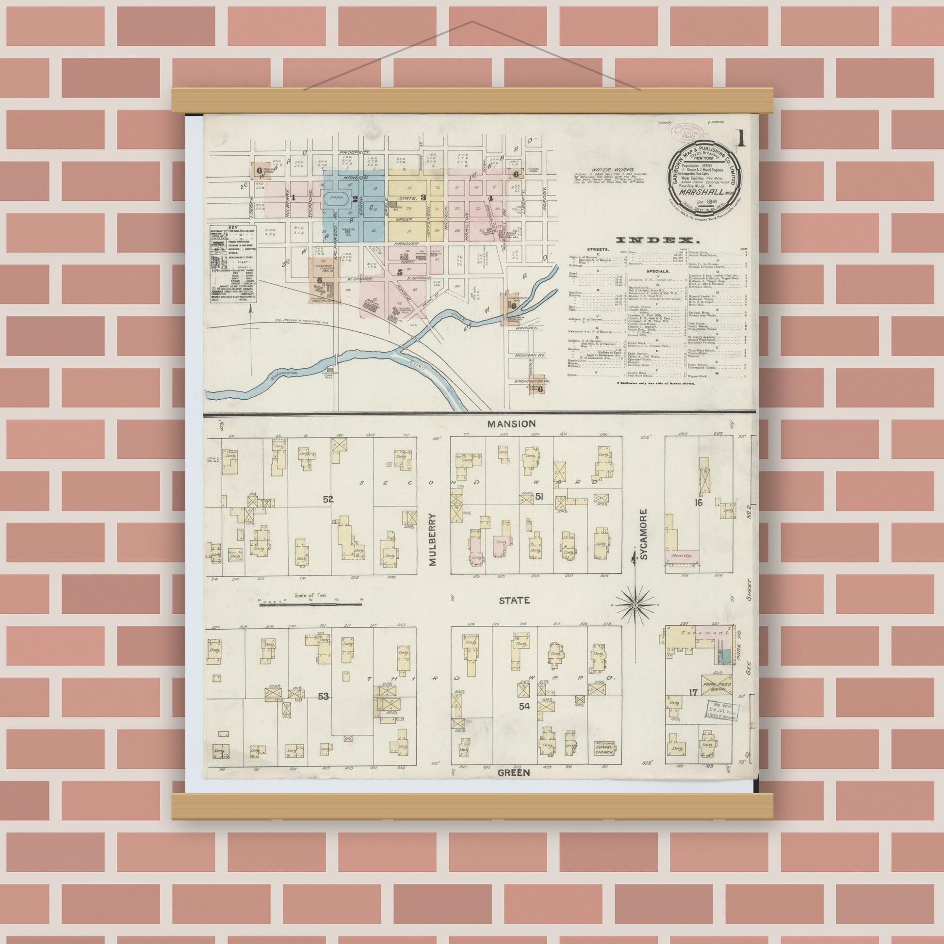 Old map wall art mockup — magnetic wood frame on brick wall — Sanborn Fire Insurance Map from Marshall, Calhoun County, Michigan (1888), Sheet #0001
