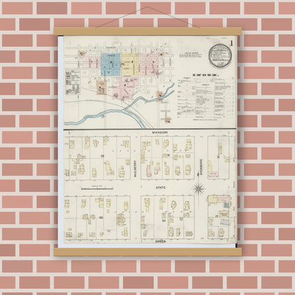 Old map wall art mockup — magnetic wood frame on brick wall — Sanborn Fire Insurance Map from Marshall, Calhoun County, Michigan (1888), Sheet #0001