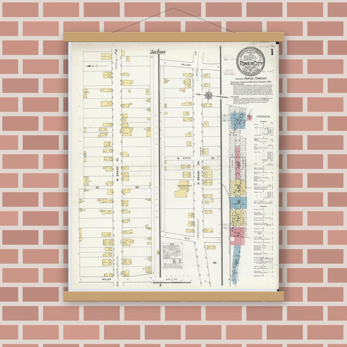 Old map wall art mockup — magnetic wood frame on brick wall — Sanborn Fire Insurance Map from Tower City, Schuylkill County, Pennsylvania (1911) - Complete Map Set