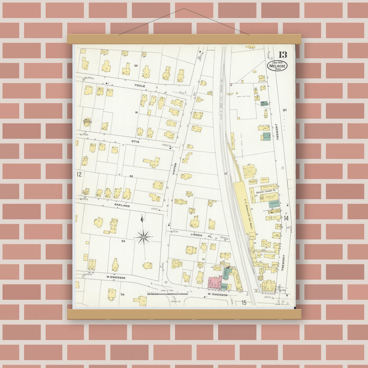 Old map wall art mockup — magnetic wood frame on brick wall — Sanborn Fire Insurance Map from Melrose, Middlesex County, Massachusetts (1909), Sheet #0013