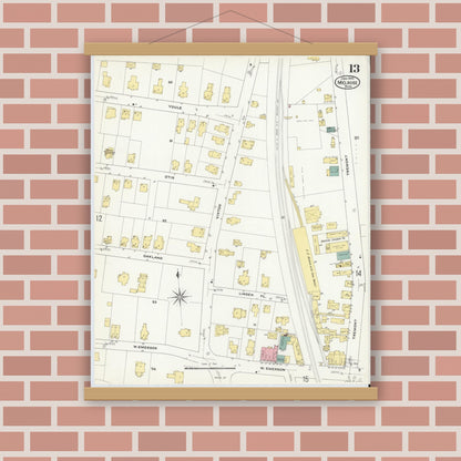 Old map wall art mockup — magnetic wood frame on brick wall — Sanborn Fire Insurance Map from Melrose, Middlesex County, Massachusetts (1909), Sheet #0013