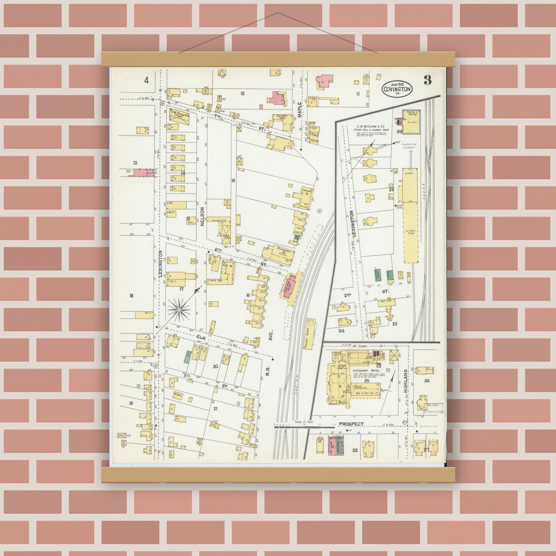 Old map wall art mockup — magnetic wood frame on brick wall — Sanborn Fire Insurance Map from Covington, Independent Cities, Virginia (1902), Sheet #0003