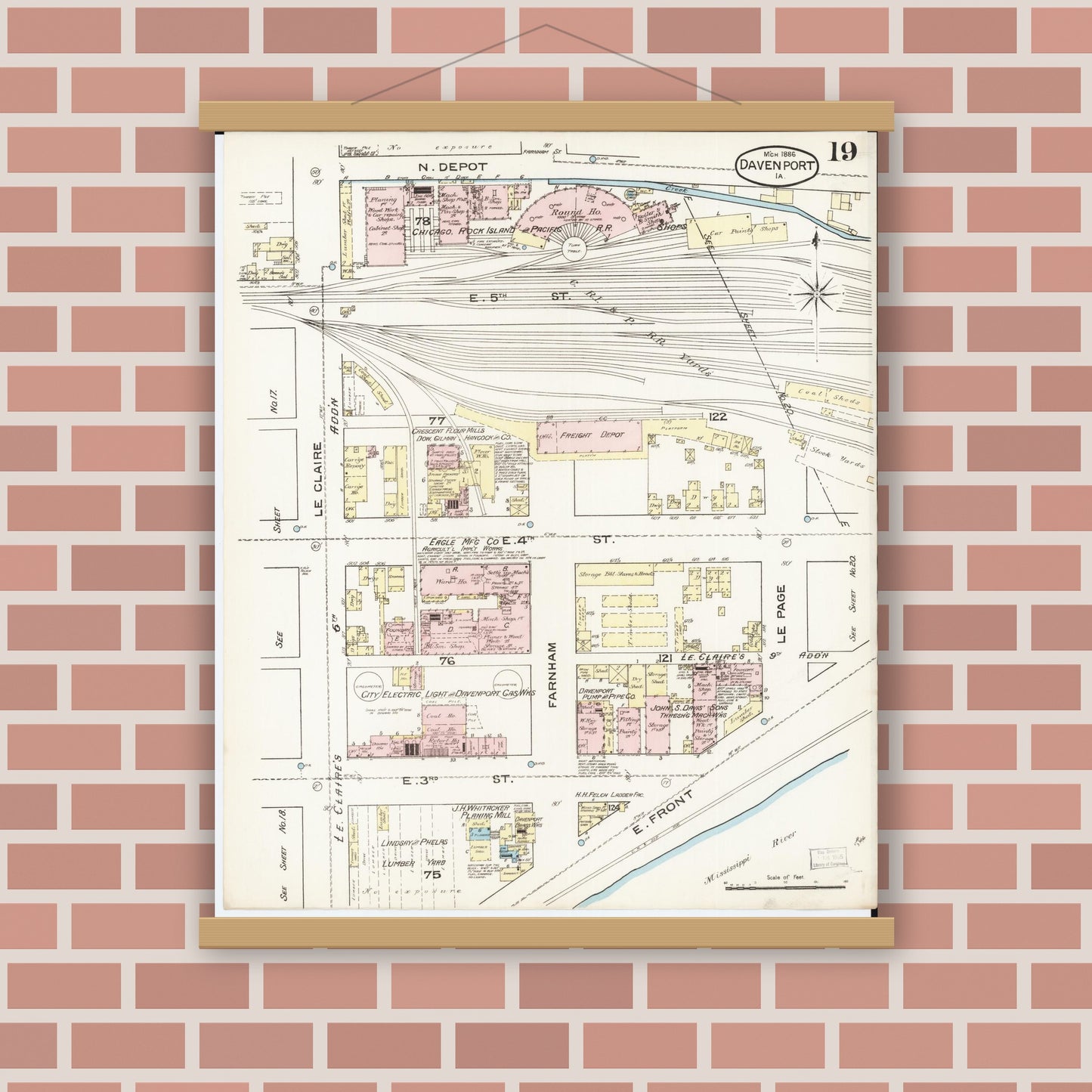 Old map wall art mockup — magnetic wood frame on brick wall — Sanborn Fire Insurance Map from Davenport, Scott County, Iowa (1886), Sheet #0019