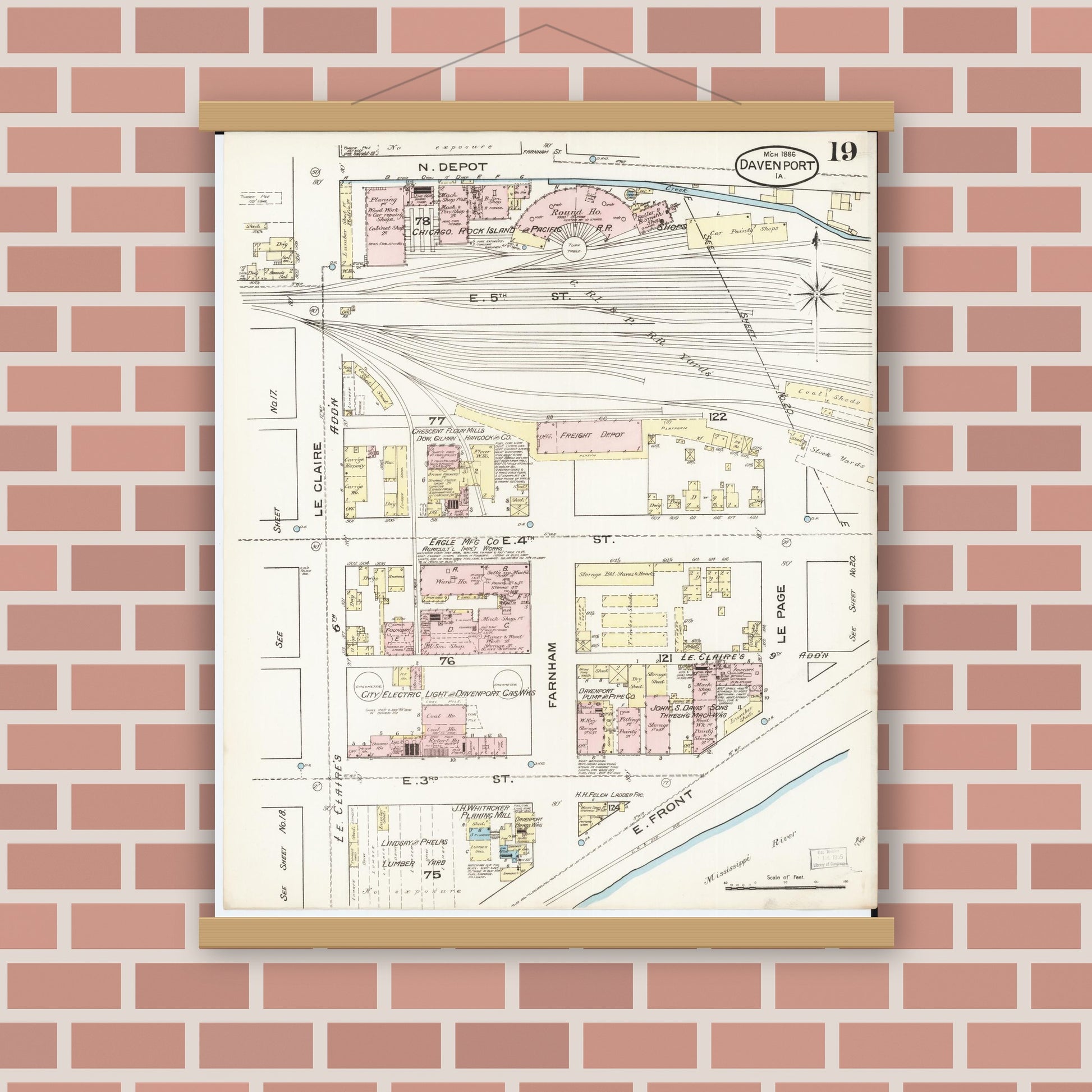 Old map wall art mockup — magnetic wood frame on brick wall — Sanborn Fire Insurance Map from Davenport, Scott County, Iowa (1886), Sheet #0019