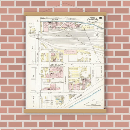 Old map wall art mockup — magnetic wood frame on brick wall — Sanborn Fire Insurance Map from Davenport, Scott County, Iowa (1886), Sheet #0019