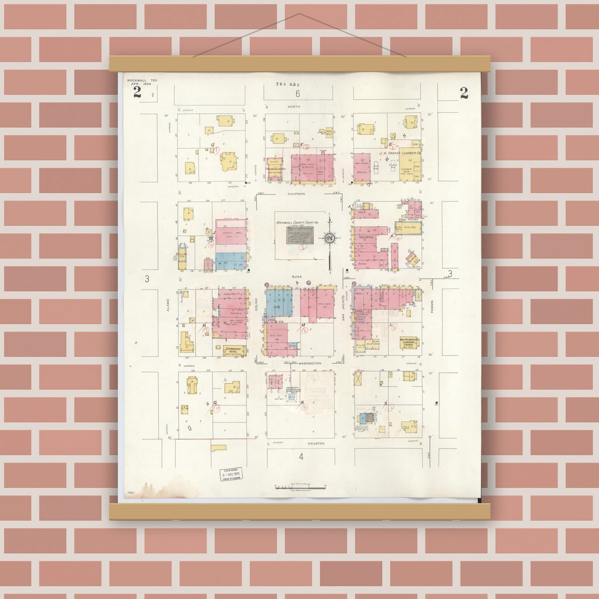 Old map wall art mockup — magnetic wood frame on brick wall — Sanborn Fire Insurance Map from Rockwall, Rockwall County, Texas (1945), Sheet #0002
