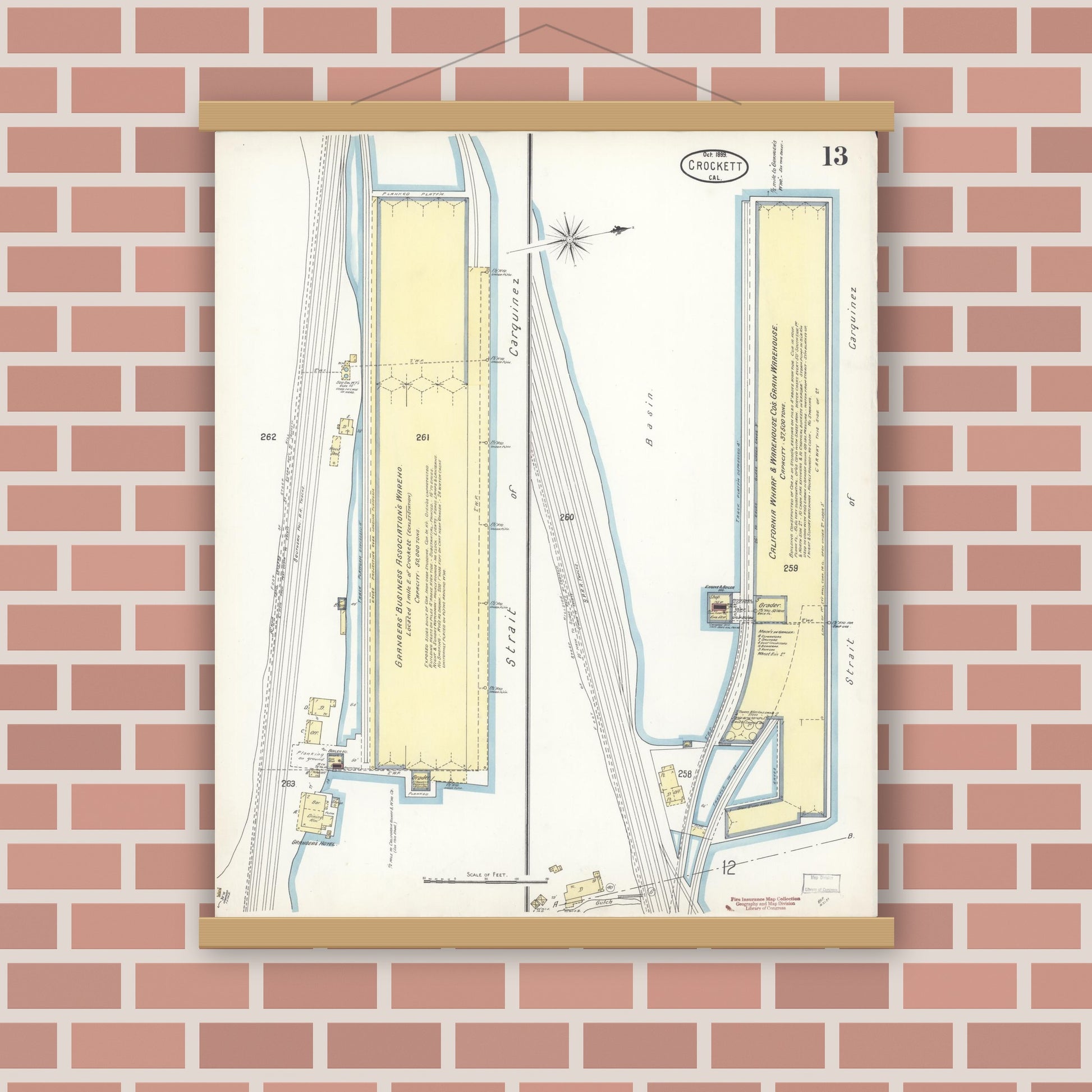Old map wall art mockup — magnetic wood frame on brick wall — Sanborn Fire Insurance Map from Crockett, Contra Costa County, California (1899), Sheet #0013