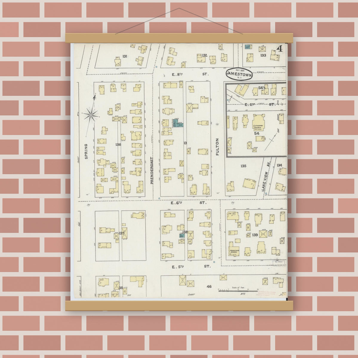 Old map wall art mockup — magnetic wood frame on brick wall — Sanborn Fire Insurance Map from Jamestown, Chautauqua County, New York (1891), Sheet #0004