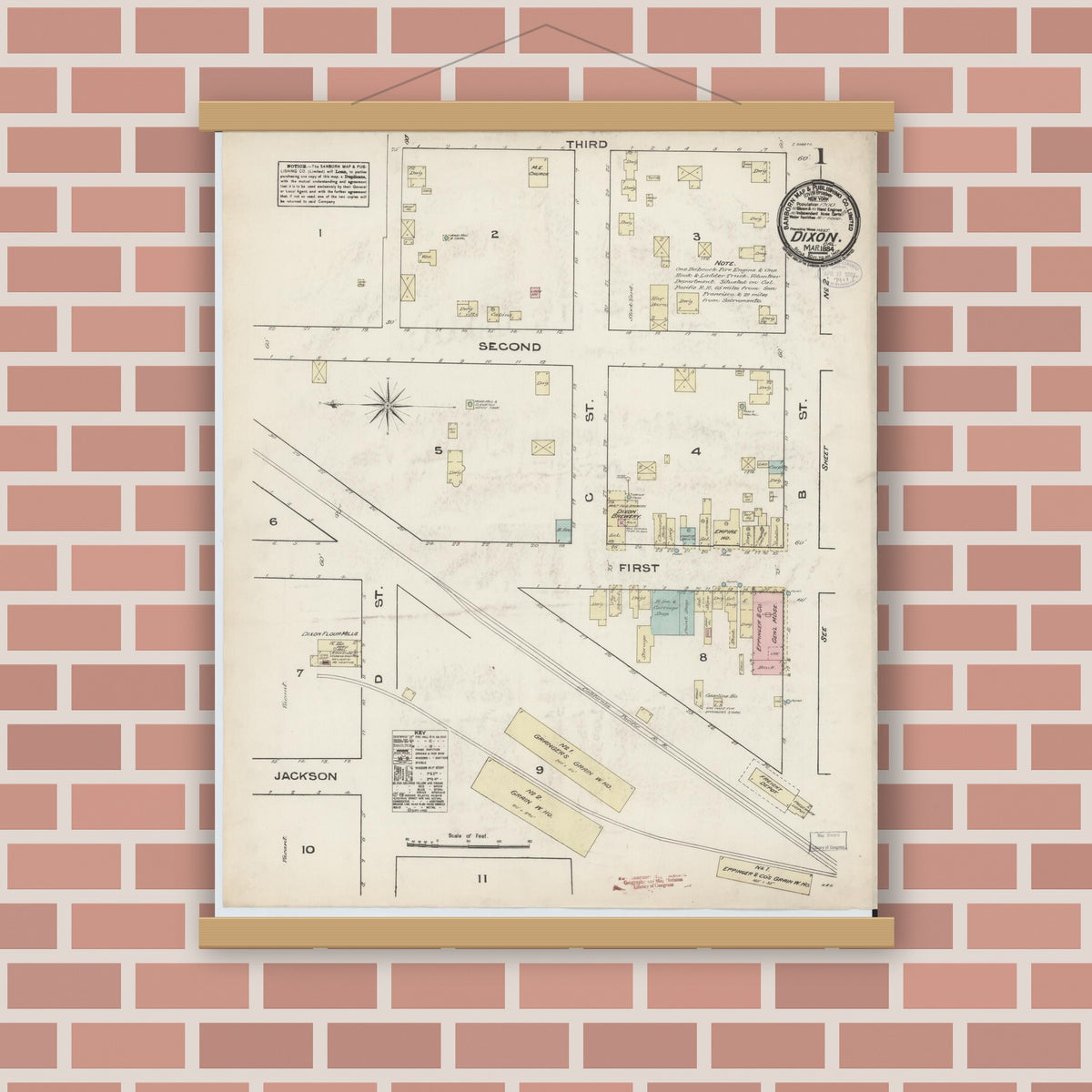 Old map wall art mockup — magnetic wood frame on brick wall — Sanborn Fire Insurance Map from Dixon, Solano County, California (1884), Sheet #0001