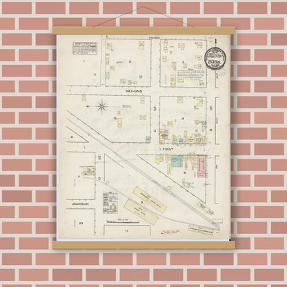 Old map wall art mockup — magnetic wood frame on brick wall — Sanborn Fire Insurance Map from Dixon, Solano County, California (1884), Sheet #0001