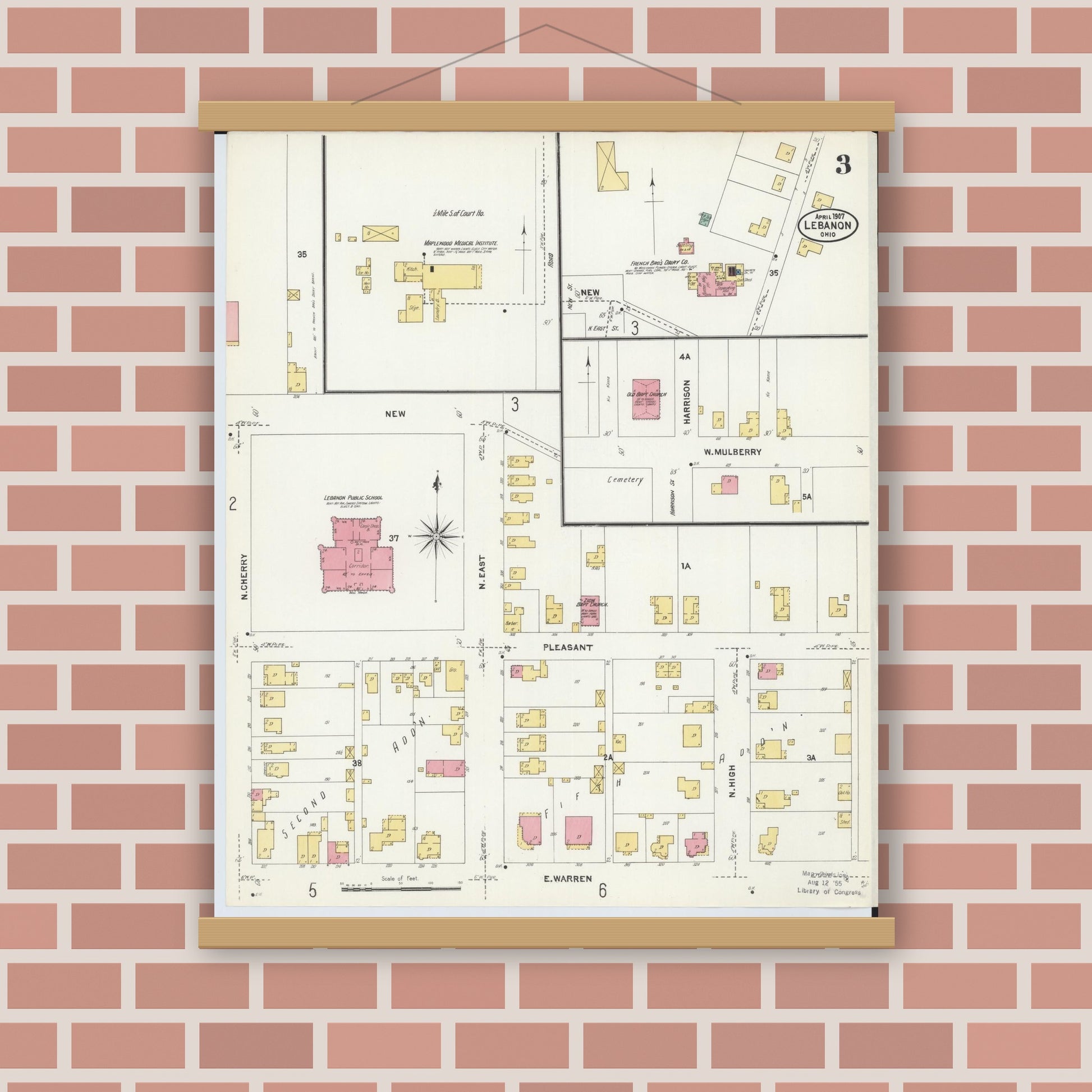 Old map wall art mockup — magnetic wood frame on brick wall — Sanborn Fire Insurance Map from Lebanon, Warren County, Ohio (1907), Sheet #0003