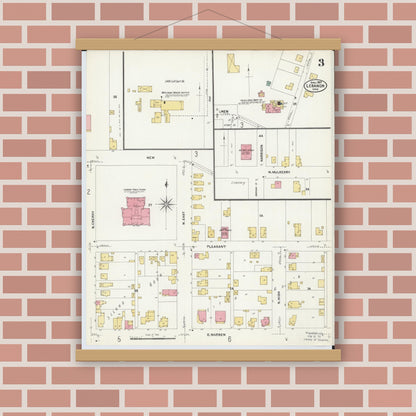 Old map wall art mockup — magnetic wood frame on brick wall — Sanborn Fire Insurance Map from Lebanon, Warren County, Ohio (1907), Sheet #0003
