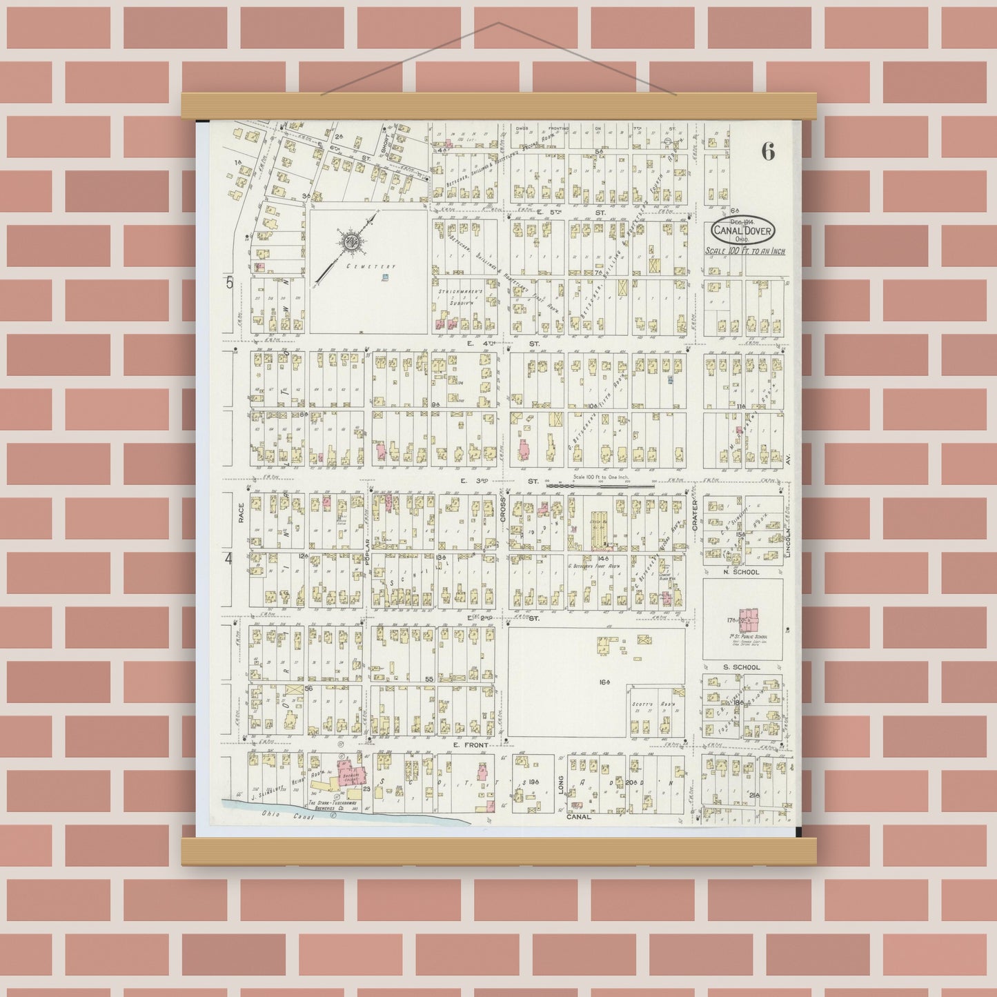 Old map wall art mockup — magnetic wood frame on brick wall — Sanborn Fire Insurance Map from Canal Dover, Tuscarawas County, Ohio (1914), Sheet #0006