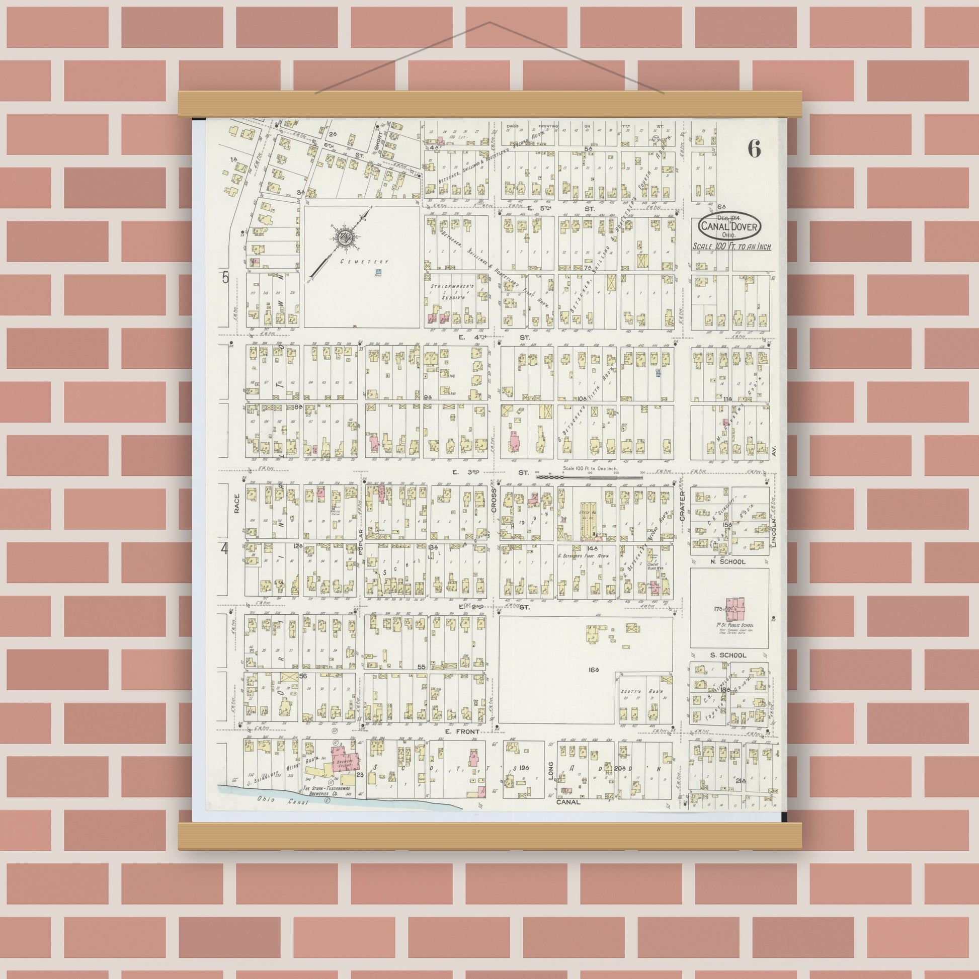 Old map wall art mockup — magnetic wood frame on brick wall — Sanborn Fire Insurance Map from Canal Dover, Tuscarawas County, Ohio (1914), Sheet #0006