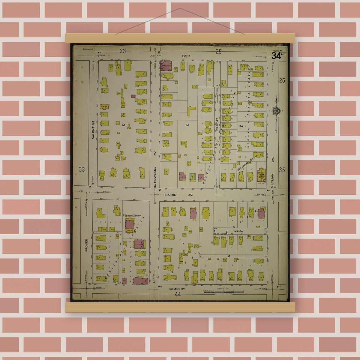 Old map wall art mockup — magnetic wood frame on brick wall — Sanborn Fire Insurance Map from Kenosha, Kenosha County, Wisconsin. (1918), Sheet 38
