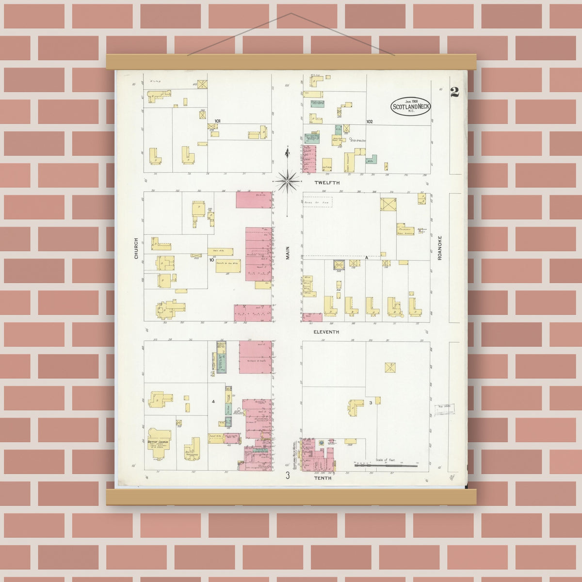 Old map wall art mockup — magnetic wood frame on brick wall — Sanborn Fire Insurance Map from Scotland Neck, Halifax County, North Carolina (1908), Sheet #0002