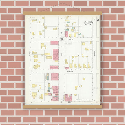 Old map wall art mockup — magnetic wood frame on brick wall — Sanborn Fire Insurance Map from Scotland Neck, Halifax County, North Carolina (1908), Sheet #0002