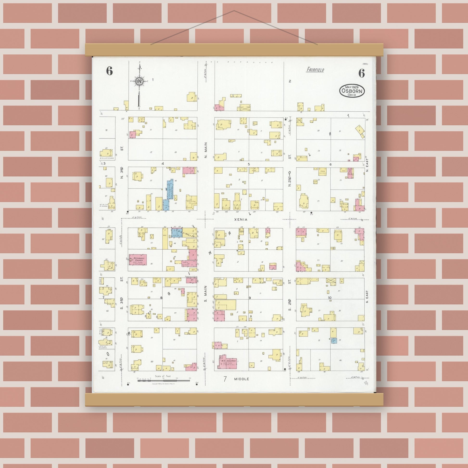 Old map wall art mockup — magnetic wood frame on brick wall — Sanborn Fire Insurance Map from Osborn, Greene County, Ohio (1929), Sheet #0006