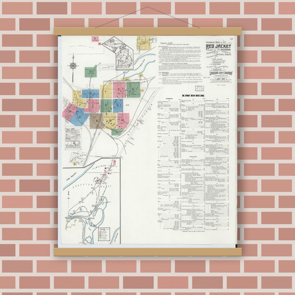 Old map wall art mockup — magnetic wood frame on brick wall — Sanborn Fire Insurance Map from Red Jacket, Houghton County, Michigan (1917), Sheet #0001