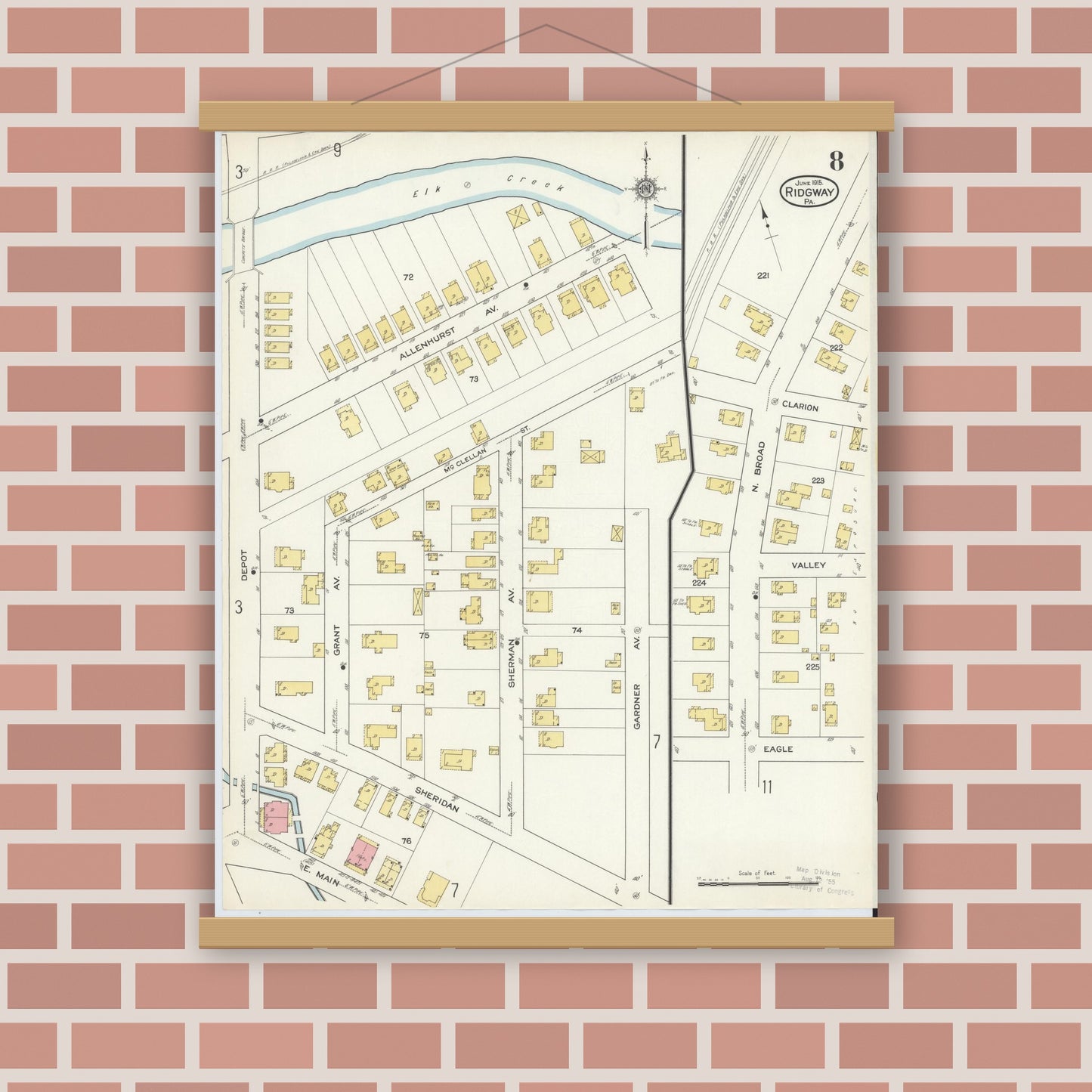 Old map wall art mockup — magnetic wood frame on brick wall — Sanborn Fire Insurance Map from Ridgway, Elk County, Pennsylvania (1915), Sheet #0008