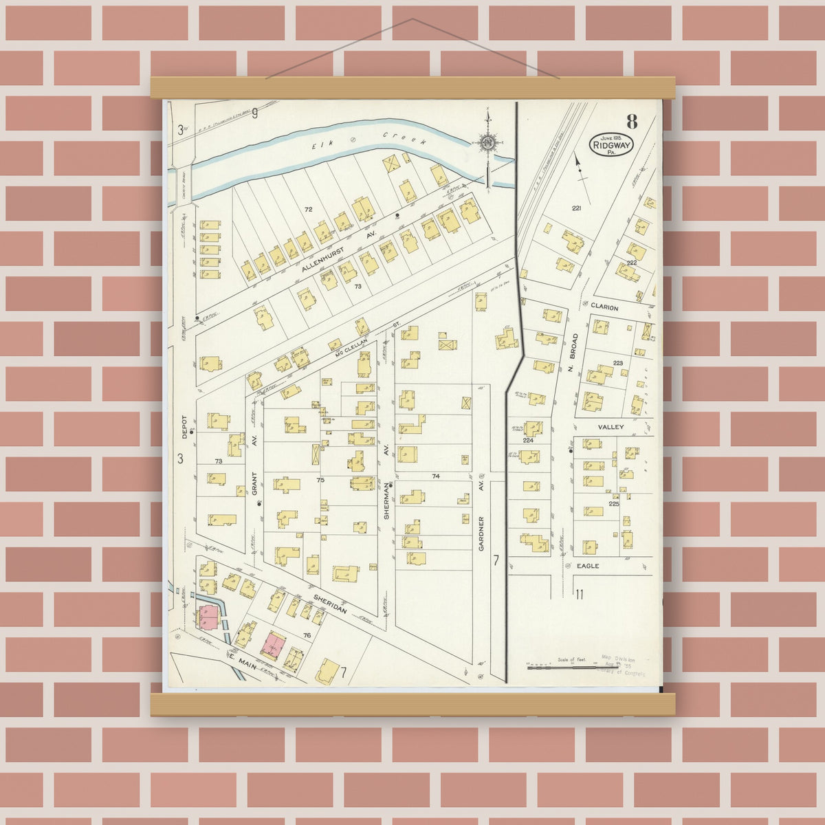 Old map wall art mockup — magnetic wood frame on brick wall — Sanborn Fire Insurance Map from Ridgway, Elk County, Pennsylvania (1915), Sheet #0008