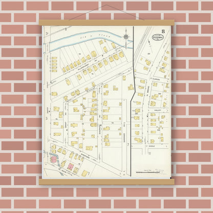 Old map wall art mockup — magnetic wood frame on brick wall — Sanborn Fire Insurance Map from Ridgway, Elk County, Pennsylvania (1915), Sheet #0008
