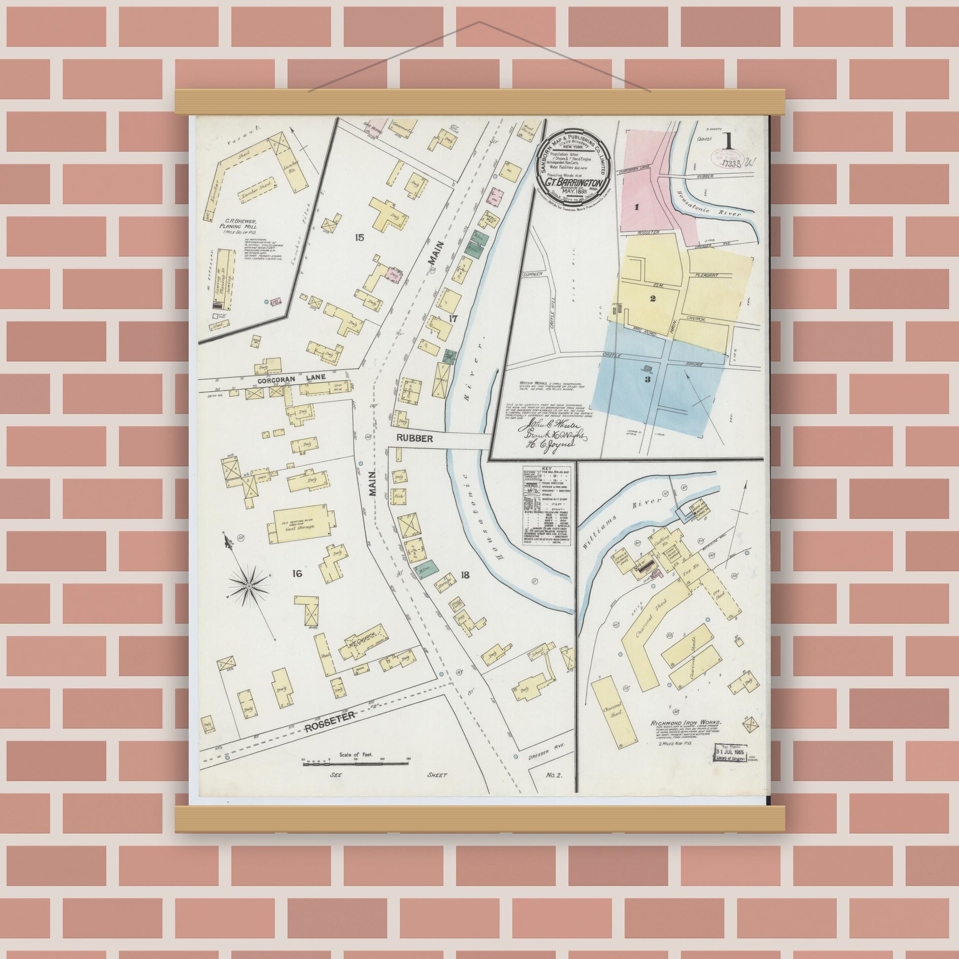 Old map wall art mockup — magnetic wood frame on brick wall — Sanborn Fire Insurance Map from Great Barrington, Berkshire County, Massachusetts (1889) - Complete Map Set