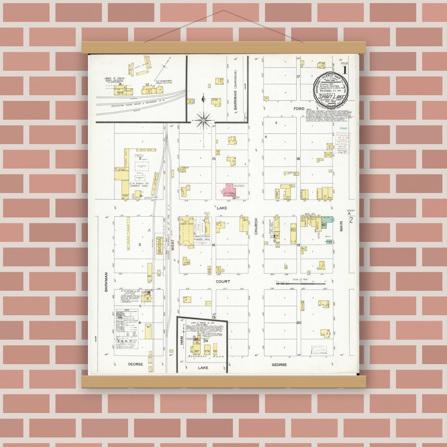 Old map wall art mockup — magnetic wood frame on brick wall — Sanborn Fire Insurance Map from Spirit Lake, Dickinson County, Iowa (1900), Sheet #0001