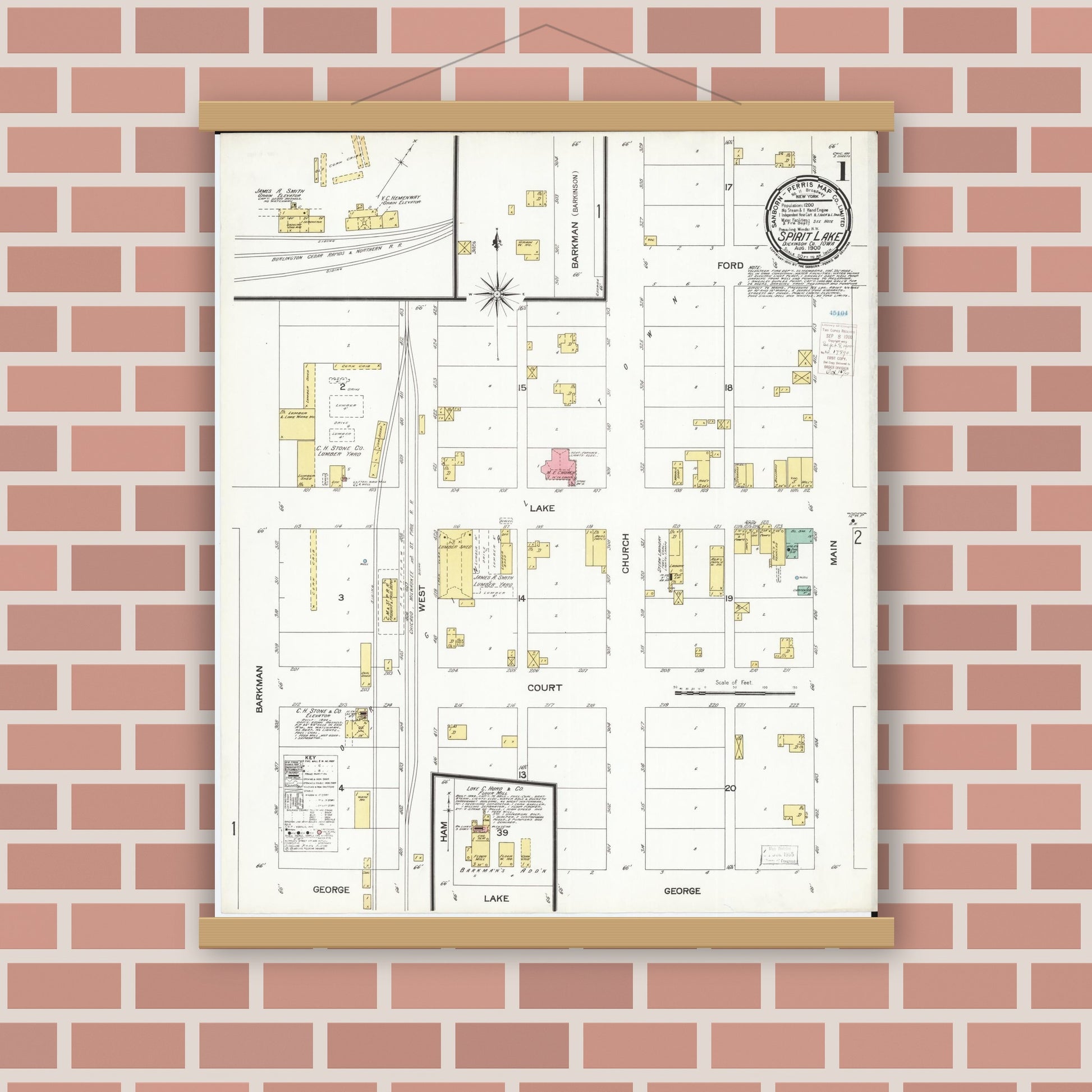 Old map wall art mockup — magnetic wood frame on brick wall — Sanborn Fire Insurance Map from Spirit Lake, Dickinson County, Iowa (1900), Sheet #0001