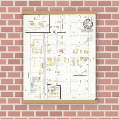Old map wall art mockup — magnetic wood frame on brick wall — Sanborn Fire Insurance Map from Spirit Lake, Dickinson County, Iowa (1900), Sheet #0001