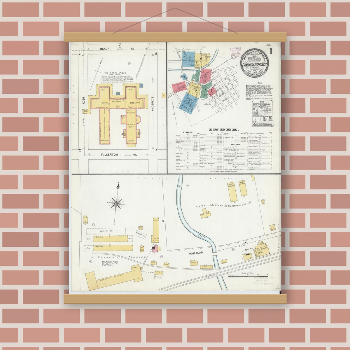 Old map wall art mockup — magnetic wood frame on brick wall — Sanborn Fire Insurance Map from Cambridge Springs, Crawford County, Pennsylvania (1904) - Complete Map Set