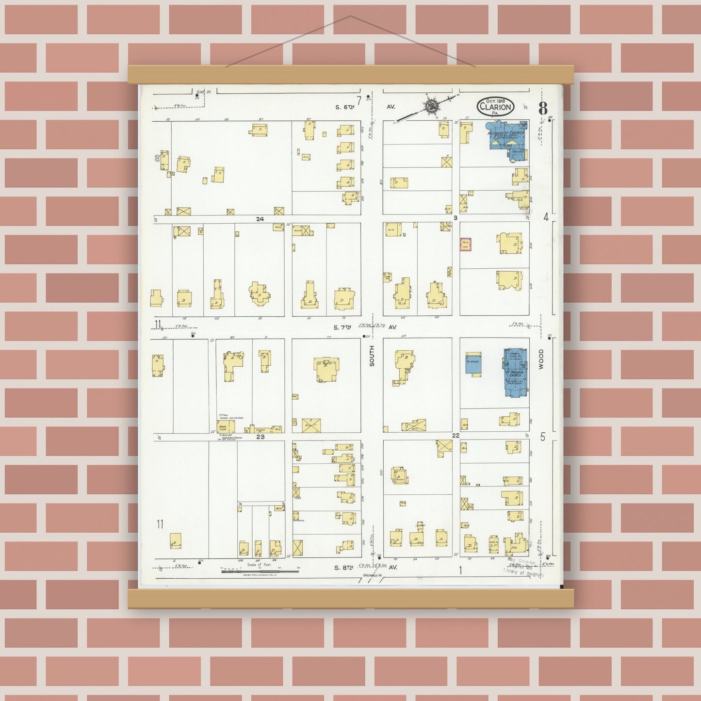 Old map wall art mockup — magnetic wood frame on brick wall — Sanborn Fire Insurance Map from Clarion, Clarion County, Pennsylvania (1919), Sheet #0008