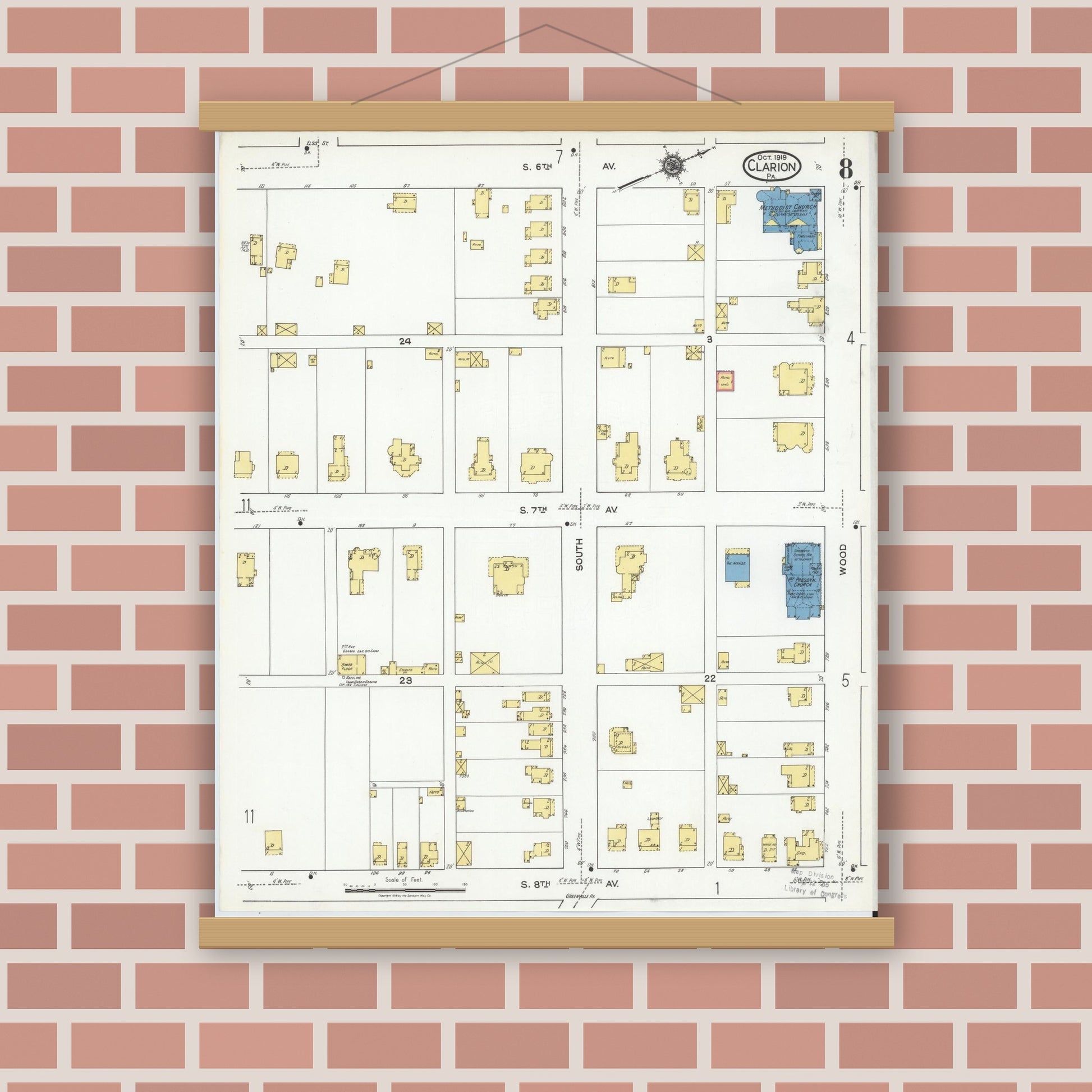Old map wall art mockup — magnetic wood frame on brick wall — Sanborn Fire Insurance Map from Clarion, Clarion County, Pennsylvania (1919), Sheet #0008