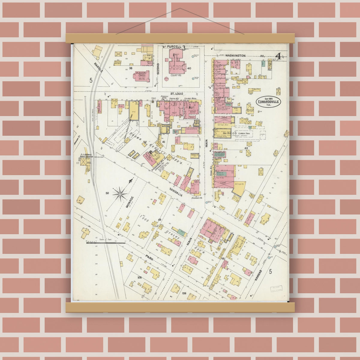 Old map wall art mockup — magnetic wood frame on brick wall — Sanborn Fire Insurance Map from Edwardsville, Madison County, Illinois (1902), Sheet #0004