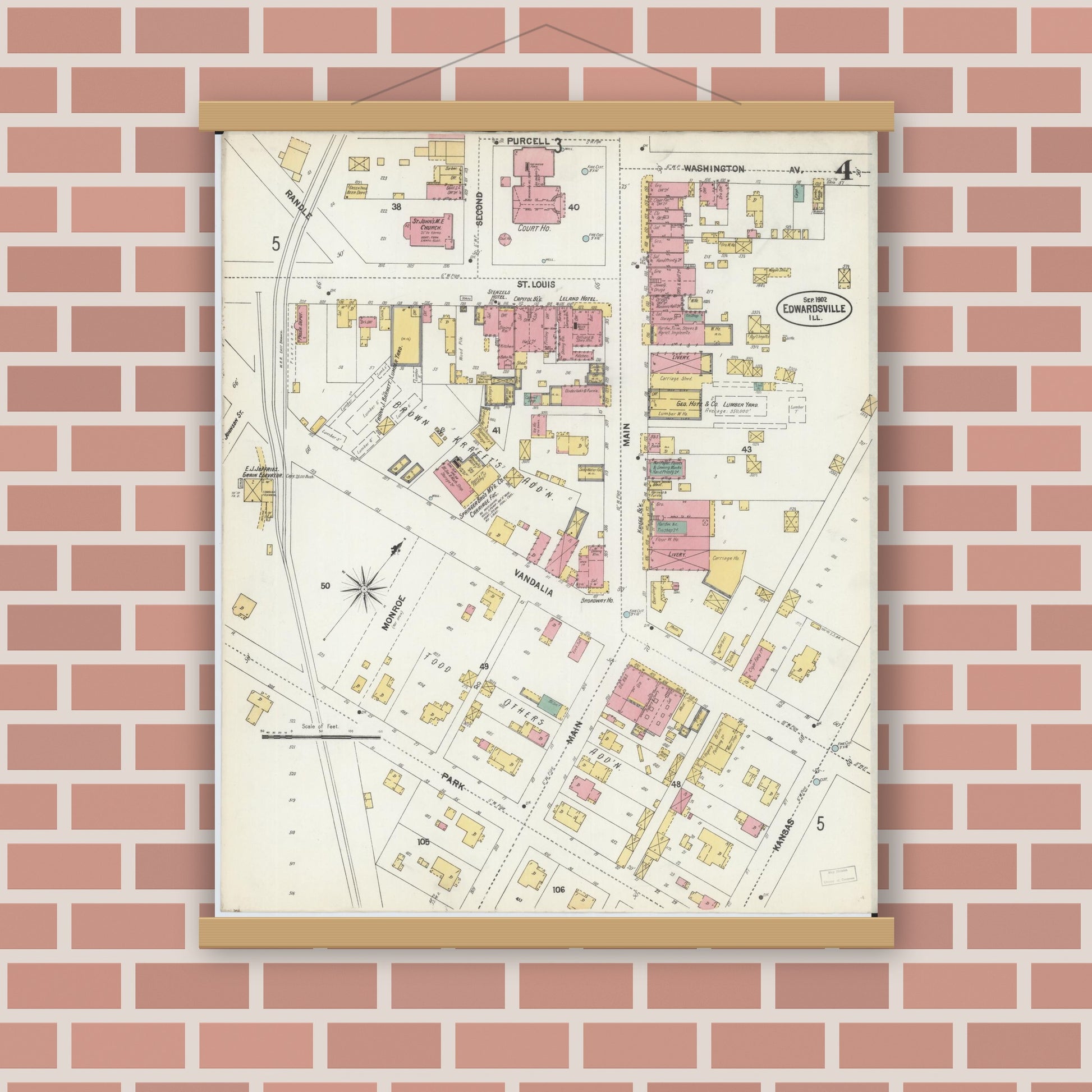 Old map wall art mockup — magnetic wood frame on brick wall — Sanborn Fire Insurance Map from Edwardsville, Madison County, Illinois (1902), Sheet #0004