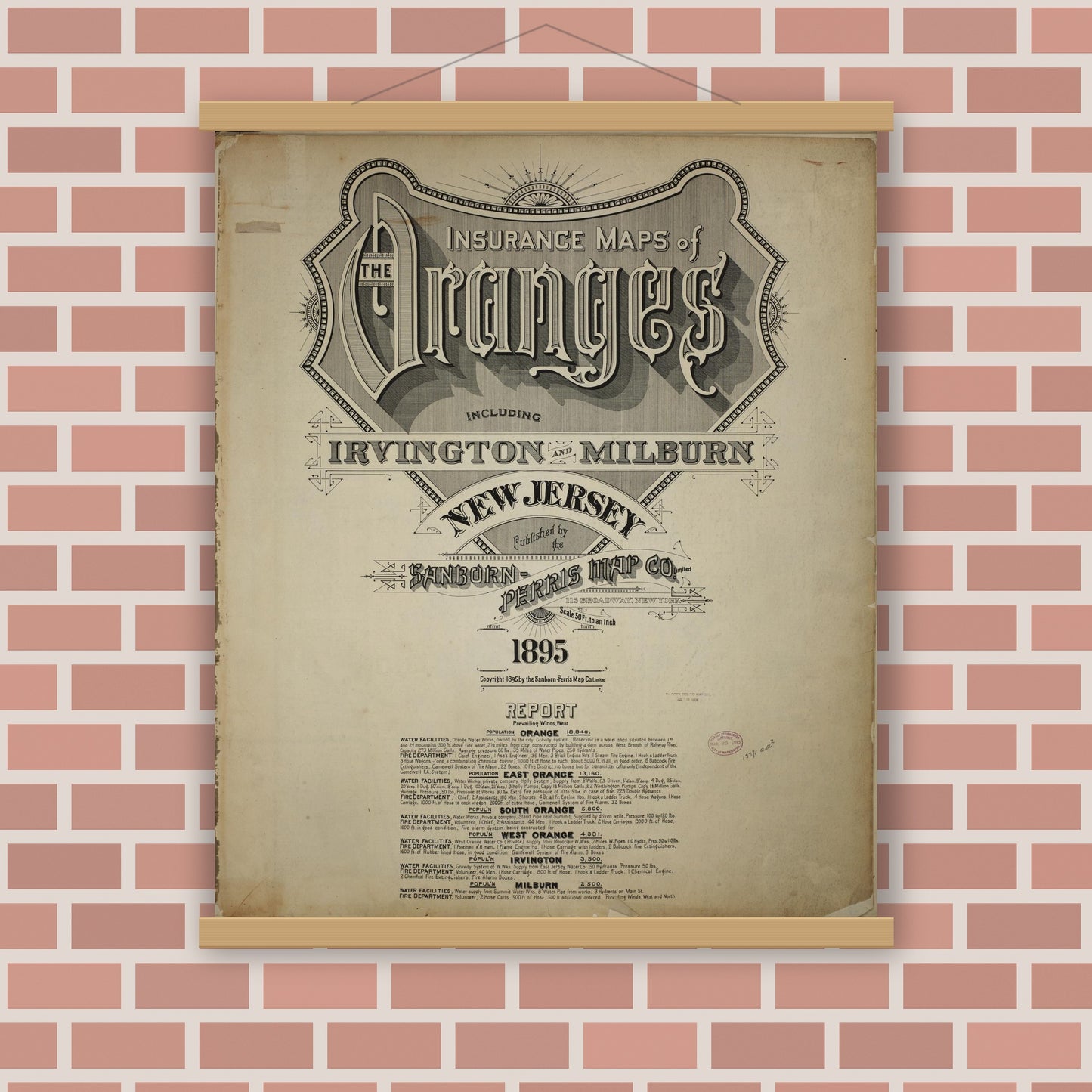 Old map wall art mockup — magnetic wood frame on brick wall — Sanborn Fire Insurance Map from Orange, Essex County, New Jersey (1895), Sheet #0001